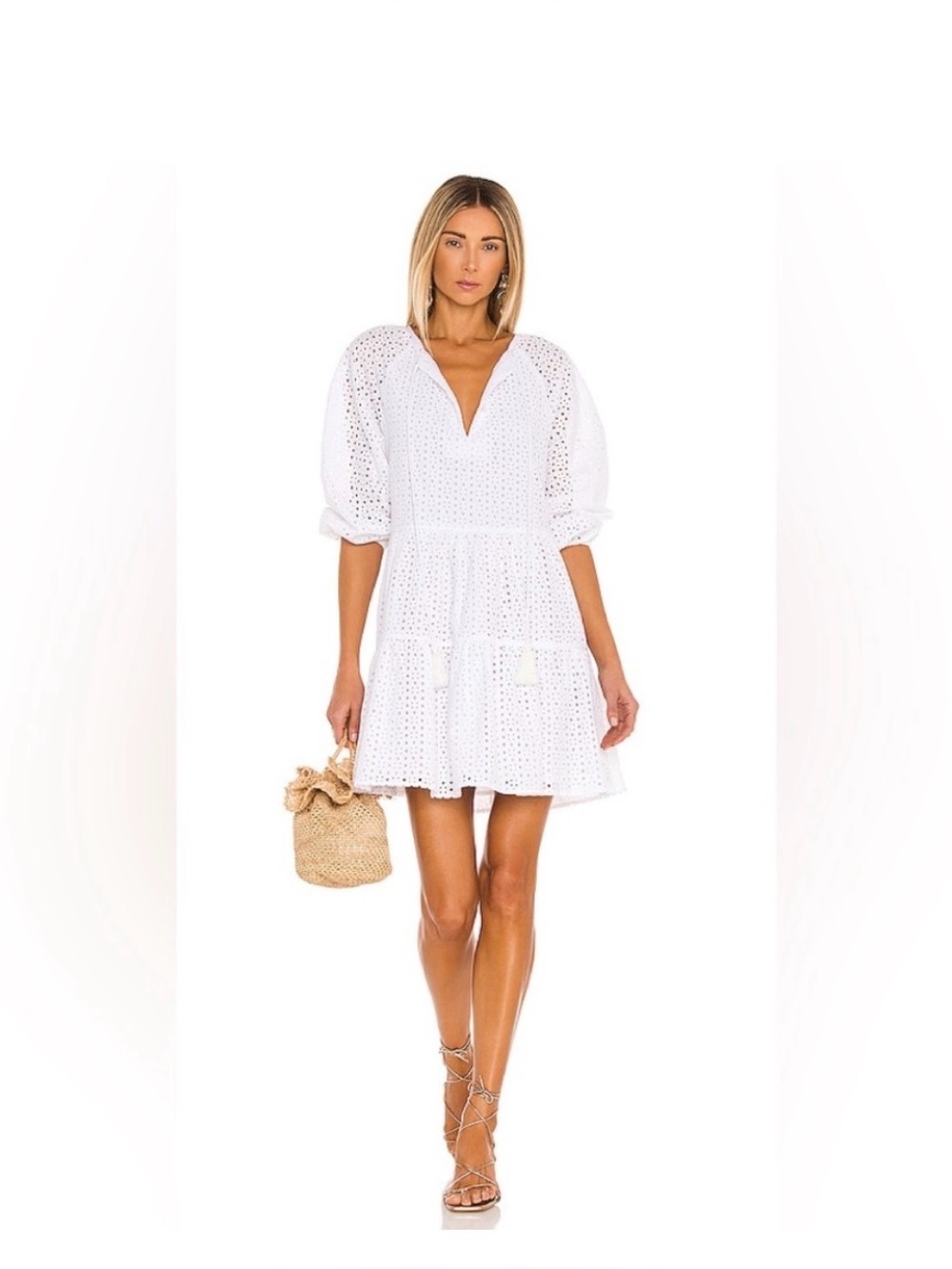 LN Karina Grimaldi White Eyelet Tiered V-Neck Mini Dress